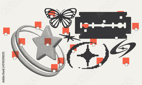 Geometric abstract composition with stars, a butterfly, and shapes in a retro style