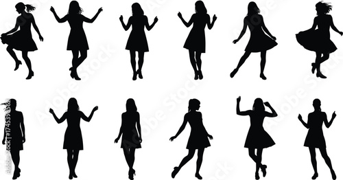 Silhouette of woman dancing in different poses, joyful female movement, fashion concept, beauty, freedom, lifestyle, elegance, creativity, modern design