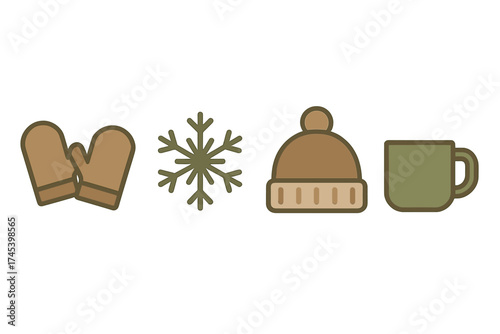 Collection of winter symbols including mittens, snowflake, knit hat, and hot beverage mug