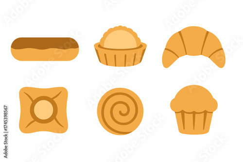 Set of six popular baked goods and sweet pastries including croissant, eclair, and muffin