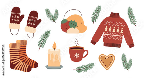 Cozy winter holidays collection with warm clothing and treats.