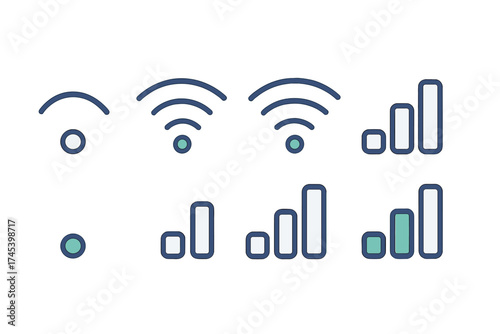 Set of outlined icons showing wireless network and mobile cellular signal strength levels