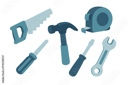 Collection of essential carpentry and home repair tools including hammer, handsaw, tape measure, and wrenches