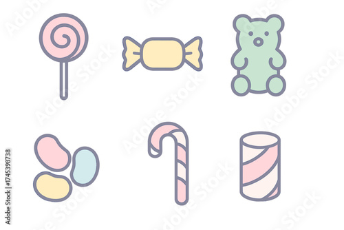 Colorful collection of sweet candy icons including lollipop, gummy bear, and jelly beans