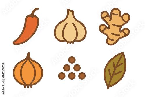 Essential cooking spices and flavor ingredients set: chili, garlic, ginger, and onion