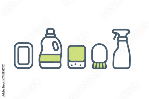 Collection of household cleaning and hygiene products in simple line art style