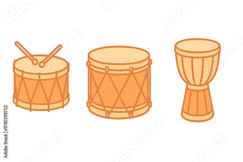 Set of three percussion instruments including snare drum and traditional djembe