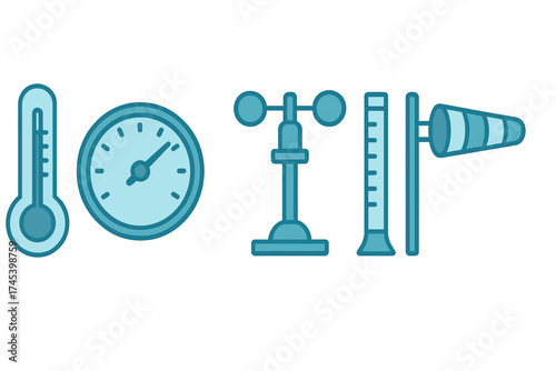 Set of meteorological instruments for weather forecasting and measurement including thermometer and anemometer