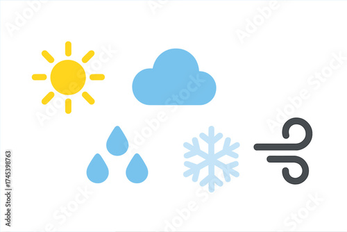 Essential weather forecast symbols and icons collection featuring sun, cloud, rain, snow, and wind elements