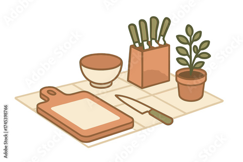 Isometric kitchen counter setup with cutting board, knife block, bowl, and potted plant on tiled surface