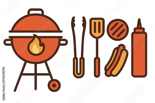 Charcoal grill, cooking tools, hot dog, burger, and condiment bottle icons for outdoor picnic