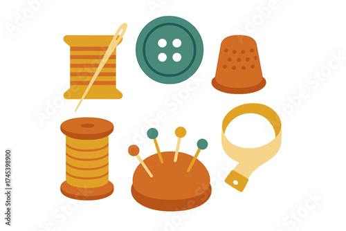 Collection of essential sewing and tailoring tools including thread, button, thimble, and measuring tape