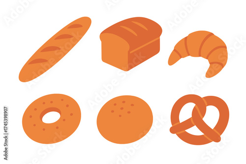 Isometric collection of various baked goods including bread, croissant, bagel, and pretzel