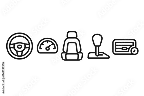 Essential car interior and driving elements including steering wheel, speedometer, and gear shift