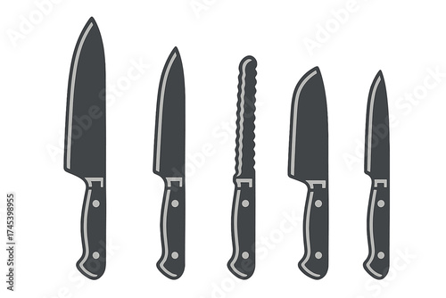 Collection of essential kitchen knives including chef utility and serrated bread knife silhouettes