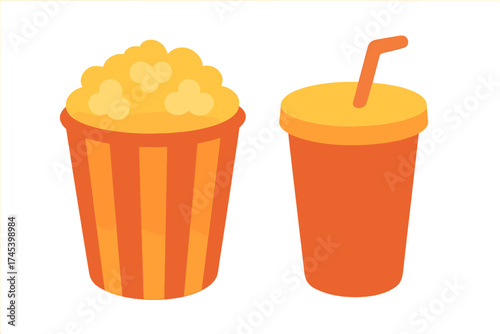 Classic movie theater snacks: striped bucket of popcorn and a refreshing soda drink