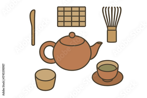 Traditional Japanese tea ceremony set including teapot, matcha whisk, and cups
