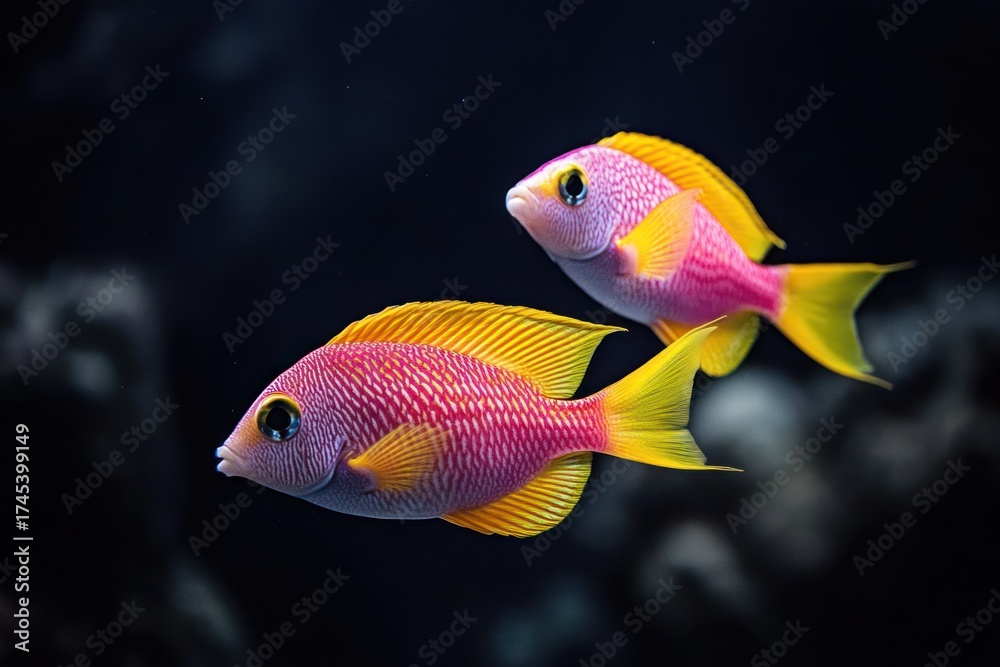 Naklejka premium Two vibrant pink and yellow fish swim against a dark background