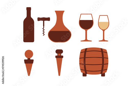 Set of essential accessories for wine tasting and serving including bottle, glasses, decanter, corkscrew, and barrel