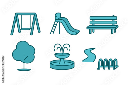 Set of park and playground equipment symbols including swing, slide, bench, tree, and fountain