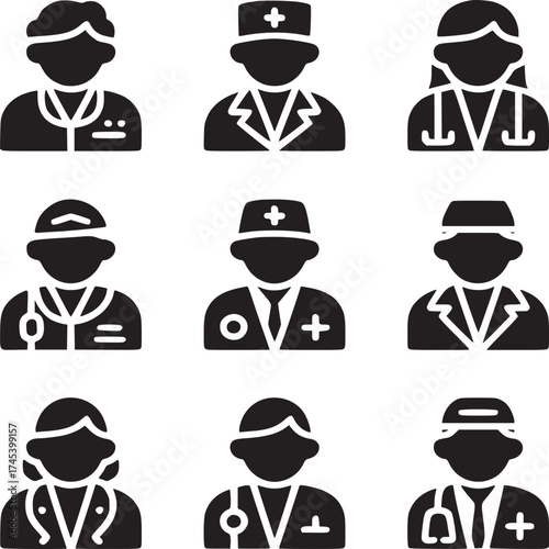 Collection of nine black silhouette icons depicting various doctors and medical professionals in uniform