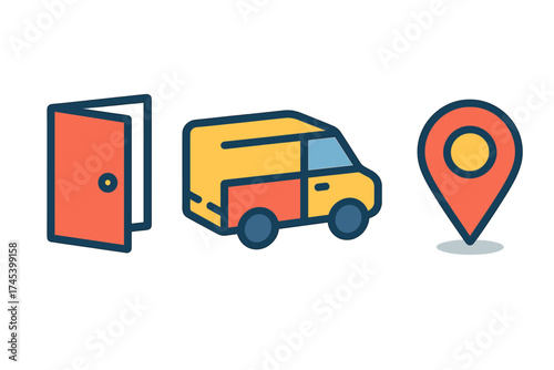 Colorful logistics and shipping icons set for door-to-door delivery tracking