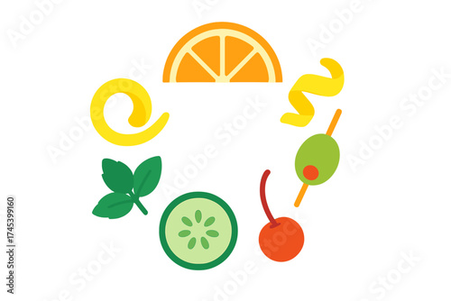 Colorful collection of cocktail garnishes: citrus, cherry, olive, mint, and cucumber