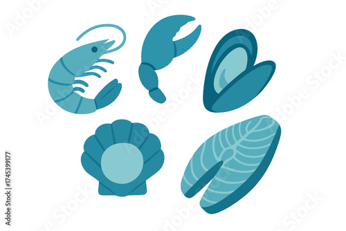 Stylized marine food set featuring shrimp, lobster claw, mussel, scallop shell, and fish steak