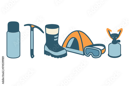 Essential equipment and gear collection for mountaineering and outdoor camping adventures