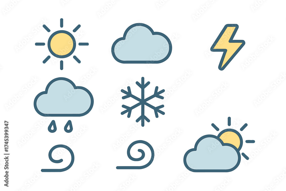 Obraz premium Weather forecast symbols showing sun, clouds, rain, snow, wind, and lightning conditions
