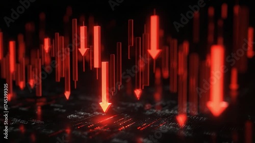 Stock Market Downturn: An abstract representation of market decline, with a collection of red arrows pointing downwards, against a dark, ominous backdrop.