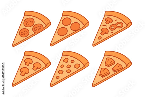 Isometric collection of six pizza slices with various popular toppings