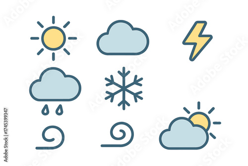 Weather forecast symbols showing sun, clouds, rain, snow, wind, and lightning conditions