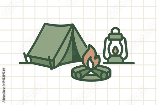 Camping essentials set with tent, burning campfire, and vintage oil lantern for wilderness adventure