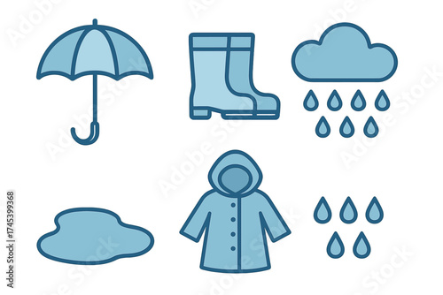 Collection of rainy weather icons including umbrella, boots, cloud, and puddle