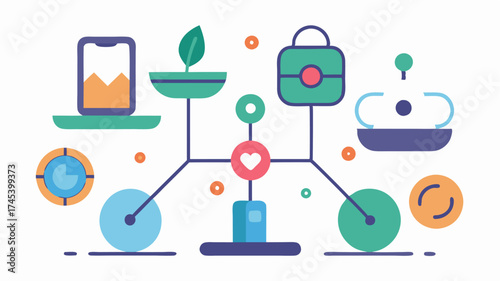 A fitness and health ecosystem representing interconnected devices like smart scales fitness trackers and nutrition apps promoting holistic health management.