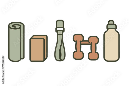 Collection of essential fitness and yoga equipment for healthy lifestyle training