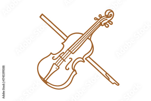 Minimalist line art of a classical violin and bow crossed on a clean white background