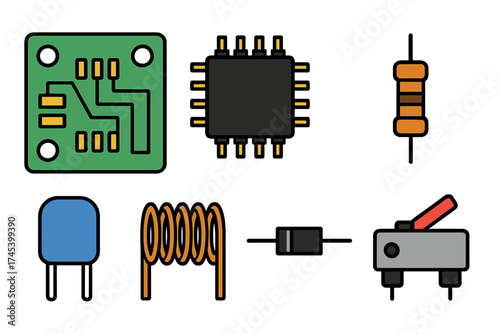 Assortment of essential electronic components: microchip, circuit board, resistor, capacitor, inductor, and switch