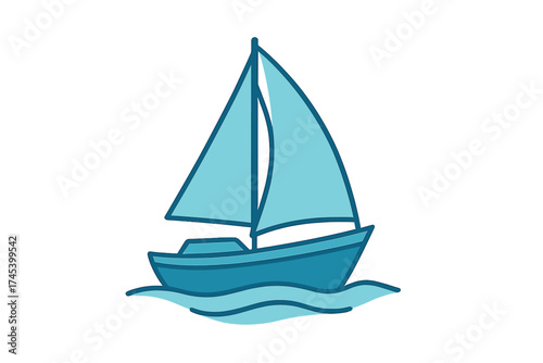 Simple stylized blue sailboat sailing on ocean waves isolated on white background