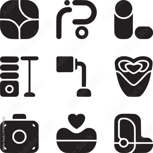 A collection of nine distinct black silhouette icons arranged on a white background in a grid format