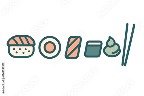 Stylized collection of various sushi types like nigiri and maki rolls served alongside wasabi and chopsticks