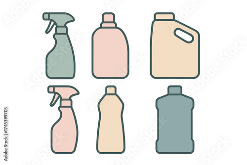 Collection of various household cleaning product bottles and containers in pastel colors