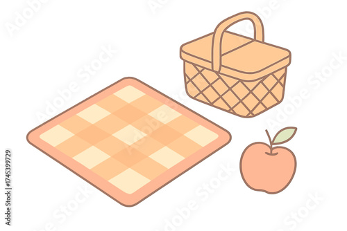 Isometric picnic essentials: checkered mat, woven basket, and single apple