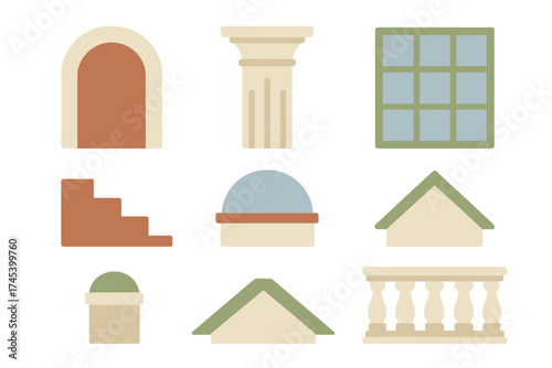 Collection of stylized architectural elements including column, arched door, window, stairs, and balustrade