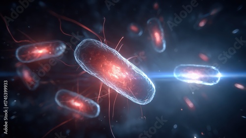 Microscopic View of Bacteria with Glowing Elements and Futuristic Design