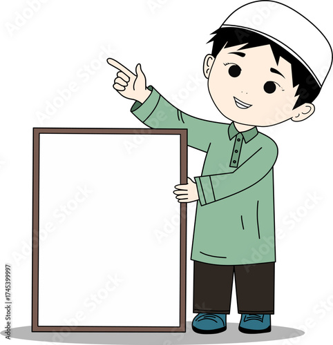 Muslim Boy Wearing Cap Pointing Sideways While Holding Blank Sign Board