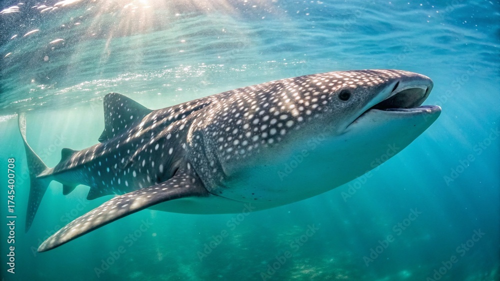 Fototapeta premium Medium Shot of Whale Shark Swimming Gracefully Near Ocean Surface Under Bright Daylight