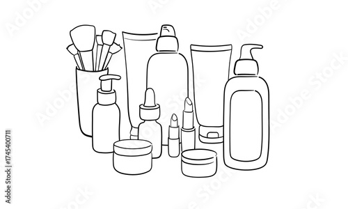 Сosmetic set with tube of face and body cream in line art style on white background. Spa salon, body and face care outline. Vector illustration	