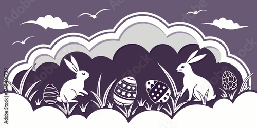 Horizontal banner featuring layered paper-cut clouds, bunnies, Easter eggs, and a bright spring dark purple background. 